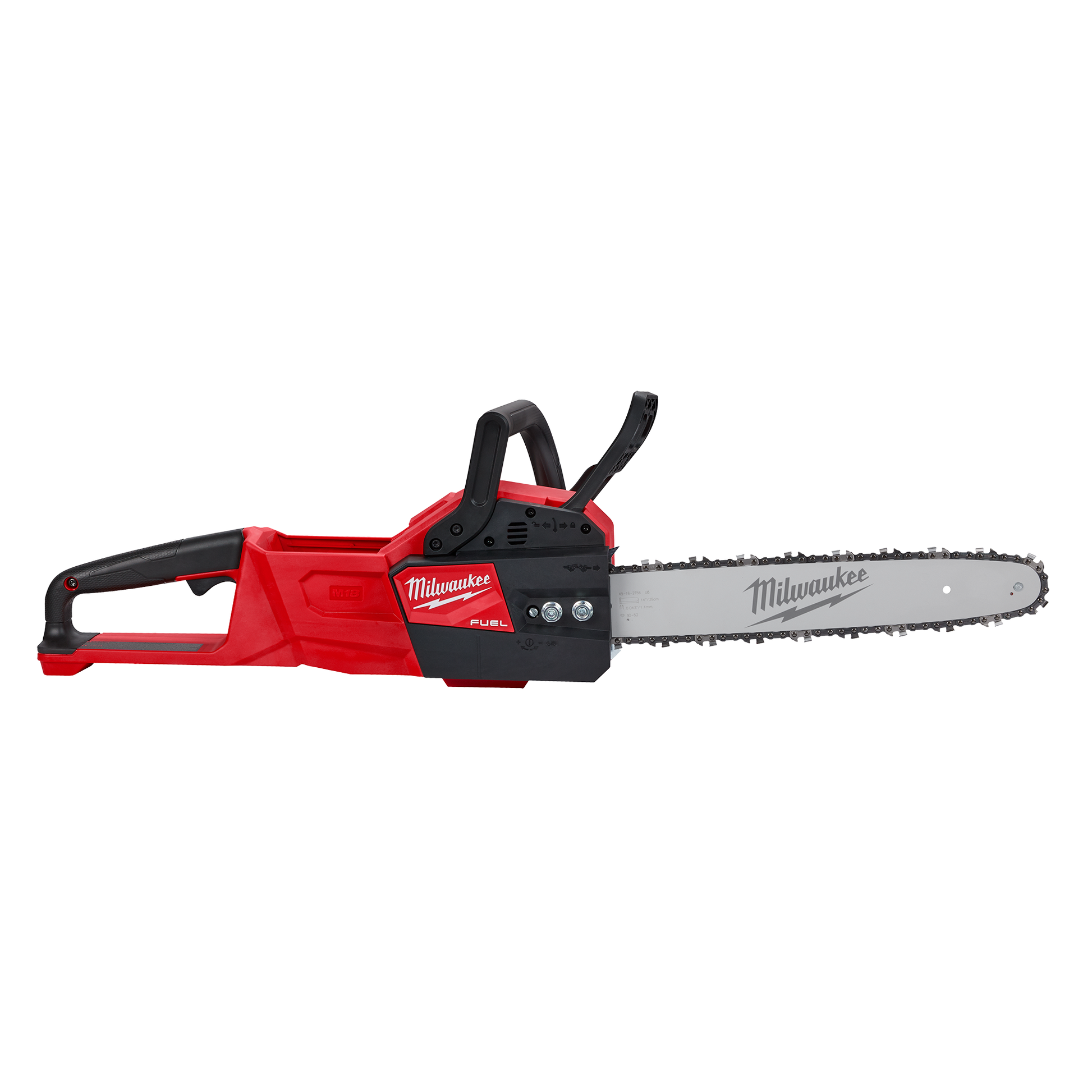 Red and black cordless 14-inch chainsaw with brushless motor for outdoor power equipment and lawn and garden tools collections