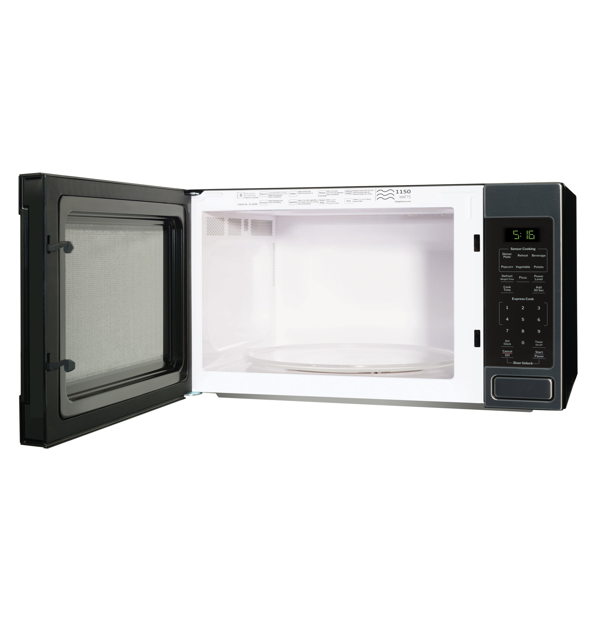 Open countertop microwave with black exterior and digital control panel in Microwaves and Kitchen & Kitchenware collections
