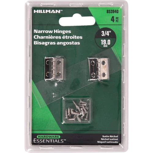 Set of four narrow satin nickel hinges with mounting screws for cabinet and furniture hardware projects in home improvement collections