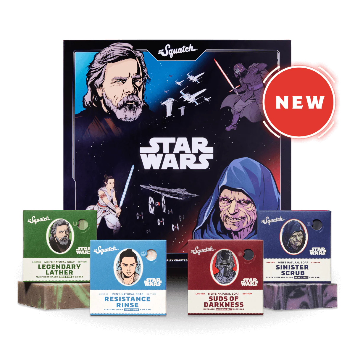 Collection of Star Wars themed natural soaps featuring characters and scenes in varied colors and packaging designs