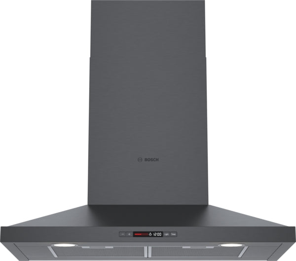 Black stainless steel wall hood with pyramid chimney and digital controls from Bosch range hoods collection