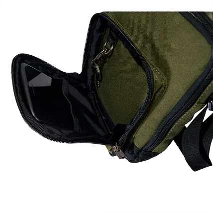 Compact green zippered crossbody bag with multiple compartments and adjustable strap for carrying essentials and tools