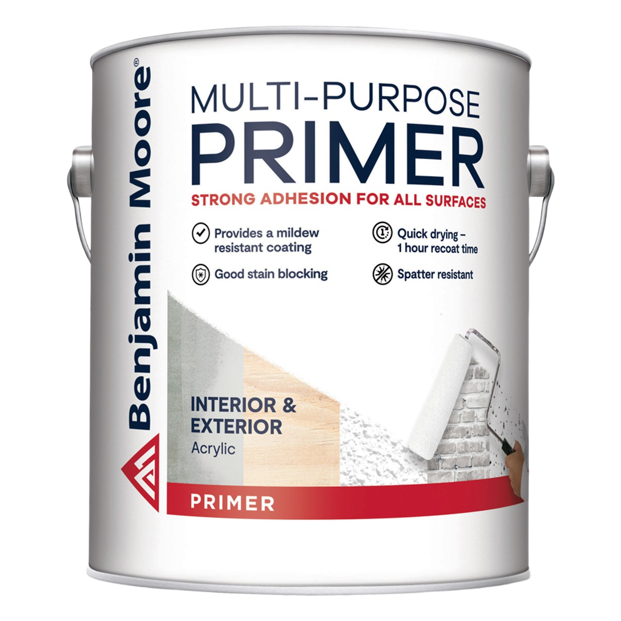 Can of Benjamin Moore multi-purpose primer for interior and exterior use with mildew resistance in paint supplies collections