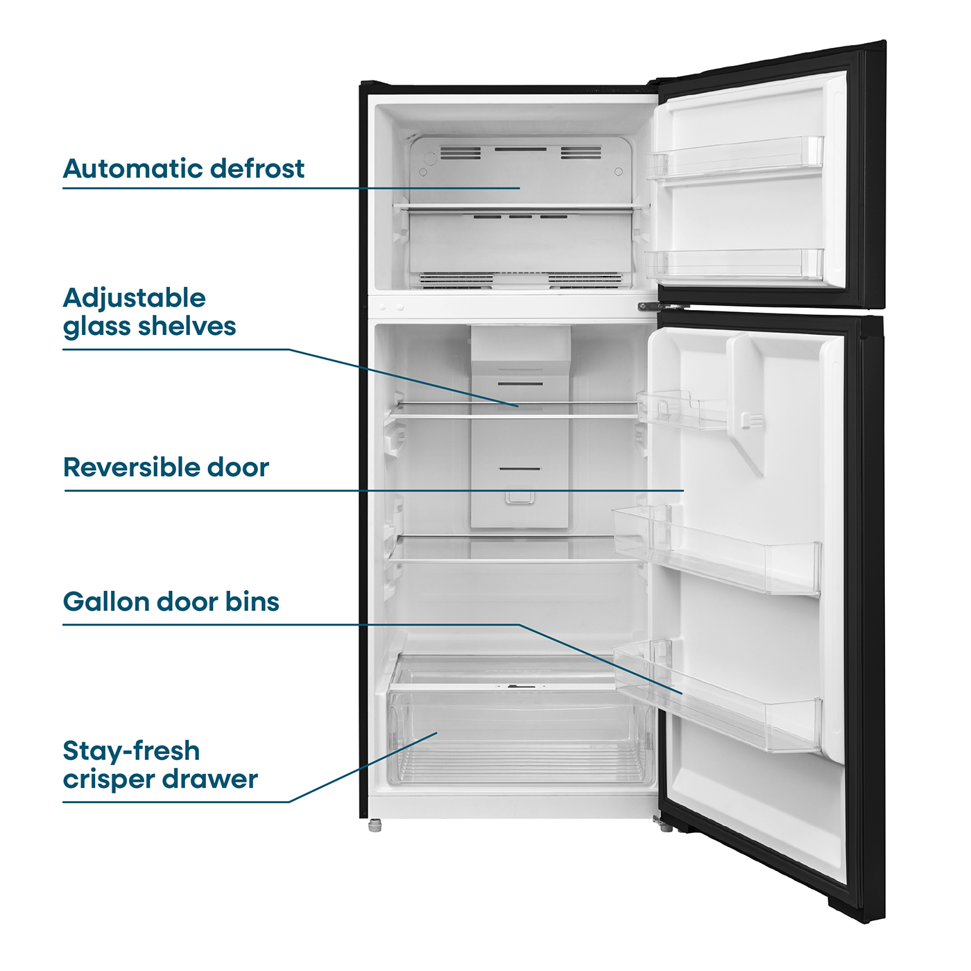 Open black top freezer refrigerator showing adjustable glass shelves, gallon door bins, stay-fresh crisper drawer, and reversible door features