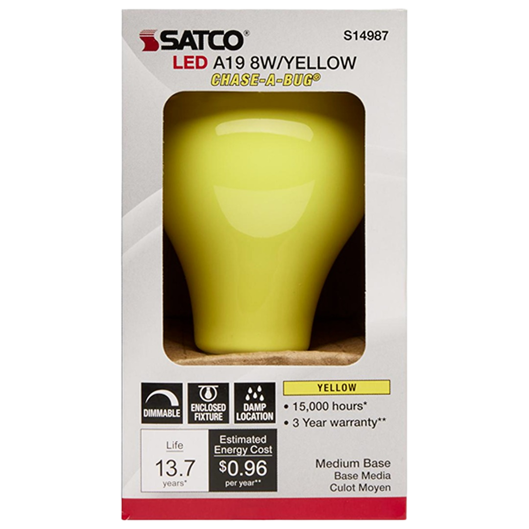Yellow 8 watt A19 LED light bulb with medium base, dimmable, for enclosed fixtures in lighting and electrical collections under $50