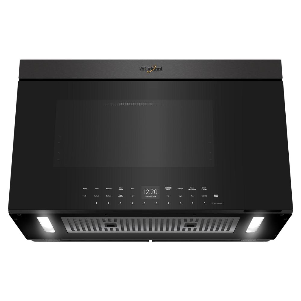 Black flush-mount microwave with digital control panel, lights, vent, and Whirlpool logo from Over the Range Microwaves collection