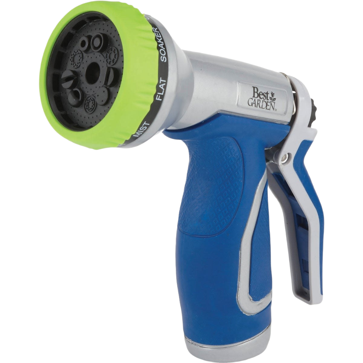 Blue and gray metal garden nozzle with comfort grip and nine spray patterns for watering and irrigation tasks under $50