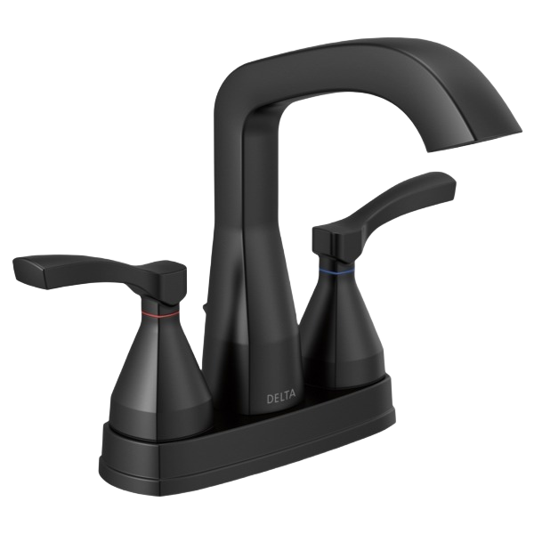 Matte black two-handle centerset bathroom faucet with modern angular design for home improvement projects