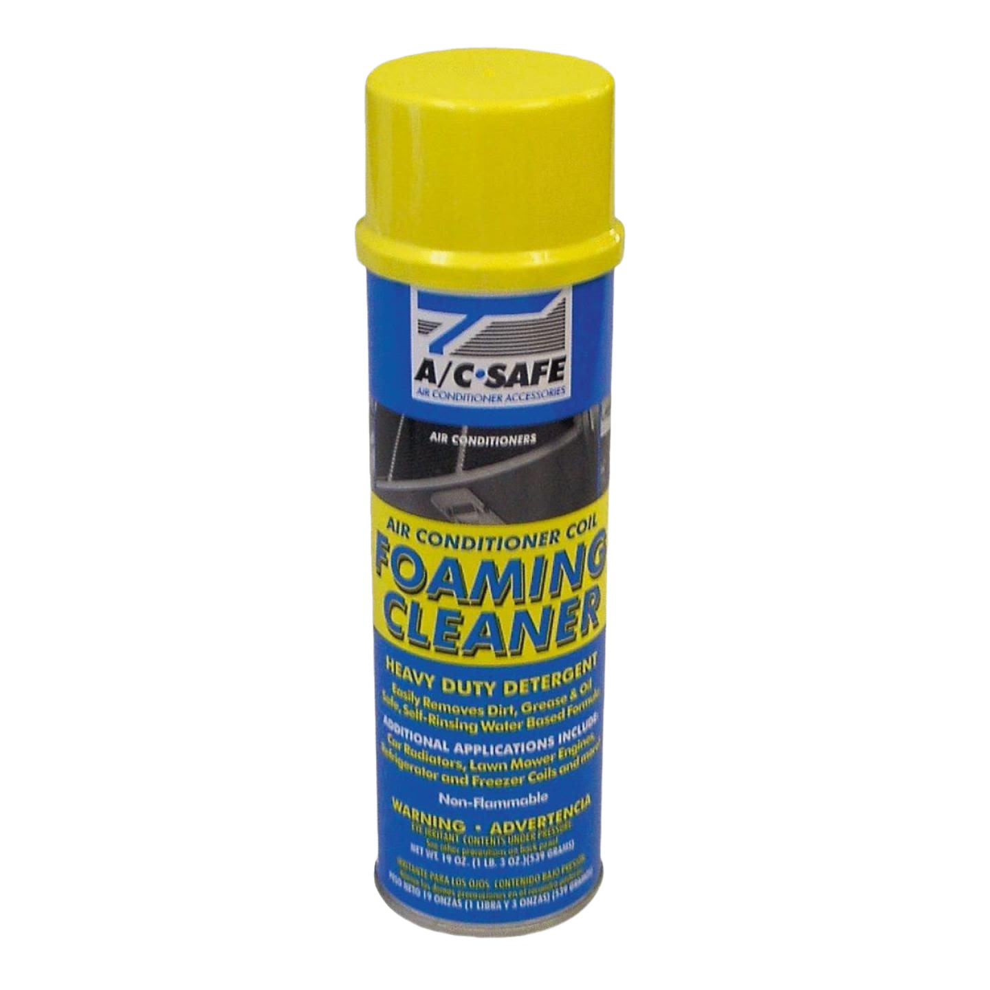 Blue and yellow aerosol spray can for heavy-duty air conditioner coil cleaning in plumbing and home improvement collections