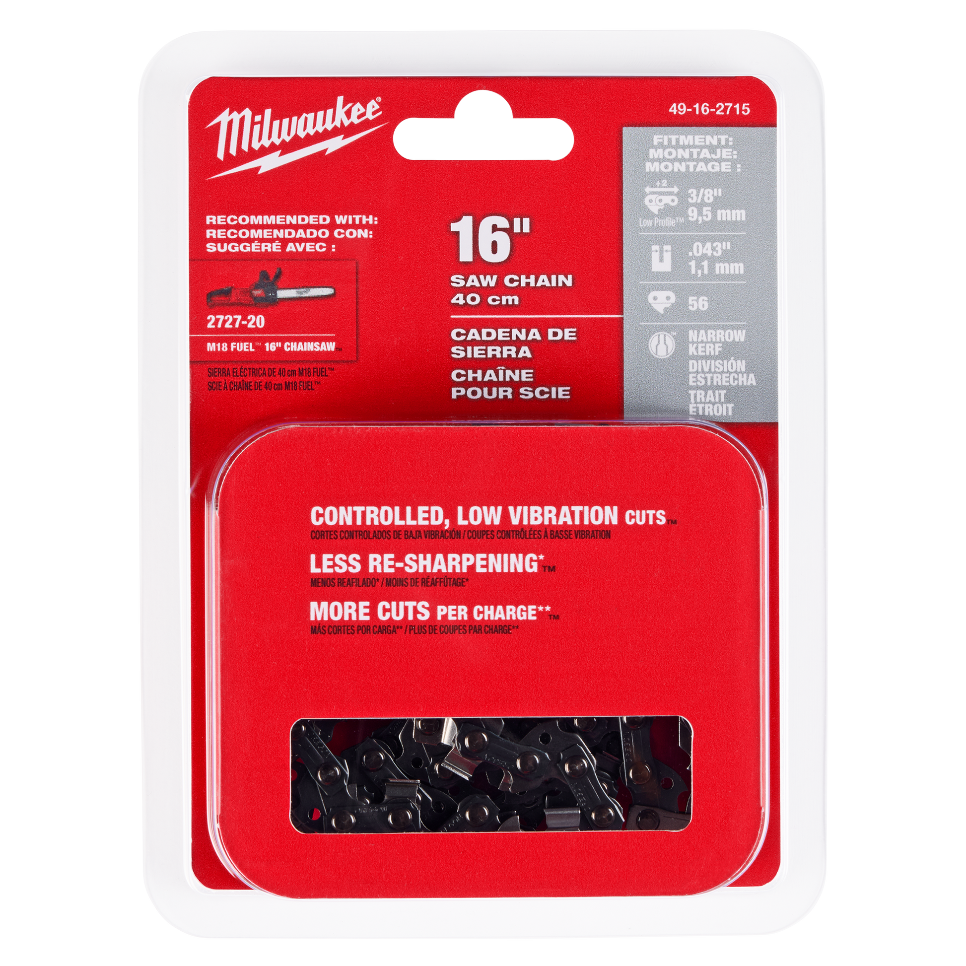Red Milwaukee packaging containing a 16-inch saw chain with low vibration and narrow kerf for home improvement tools