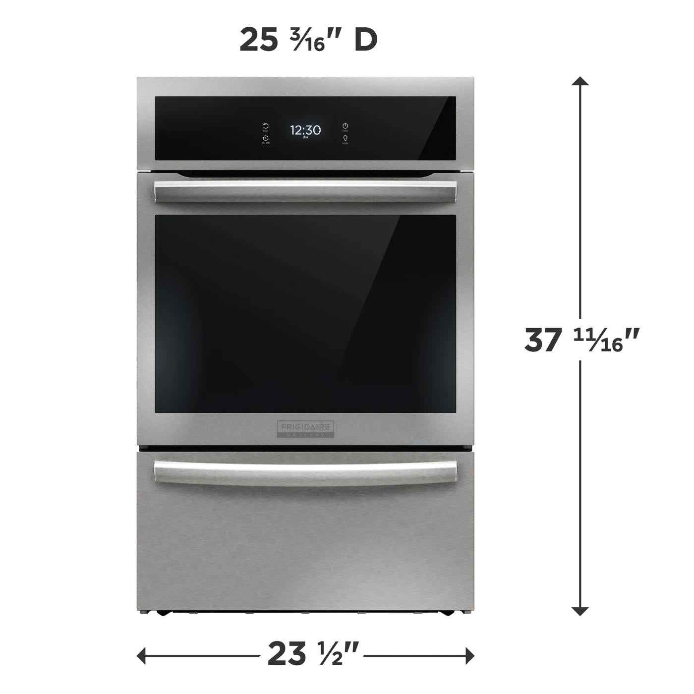 Stainless steel 24-inch gas wall oven with digital display and air fry function in kitchen appliances collection