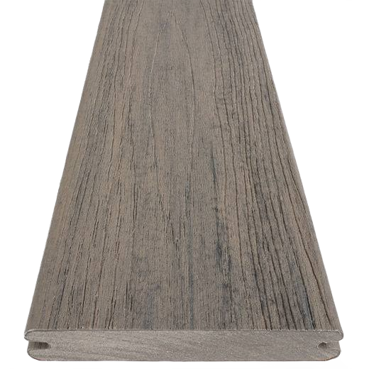 Grooved deck board in driftwood finish with wire-brushed texture for outdoor decking and lumber projects under $100