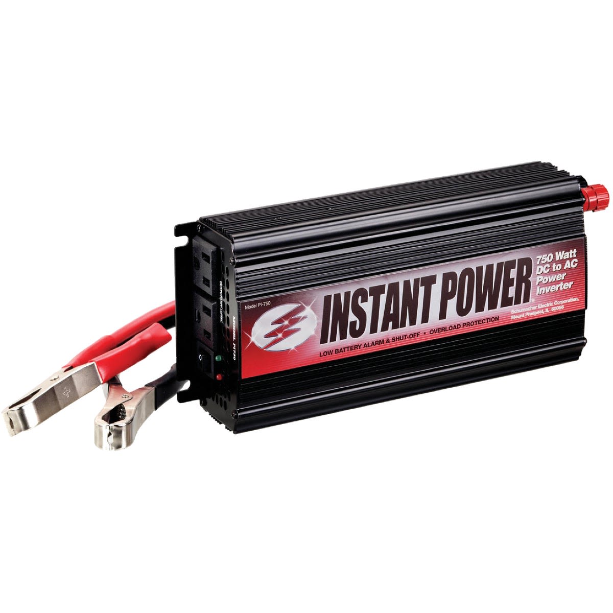 Compact black 750W analog power inverter with red and black clamps for tools and home improvement use