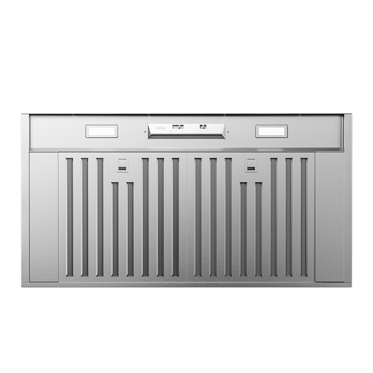 Stainless steel insert range hood with LED lighting and hybrid baffle filters in kitchen appliances and range hoods collections