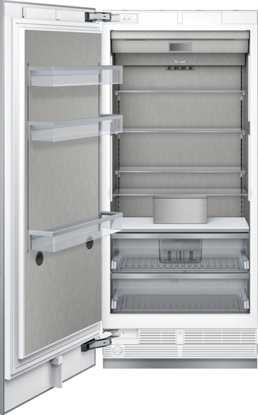 Open built-in freezer column with stainless steel interior, adjustable shelves, and clear door bins from Thermador collection
