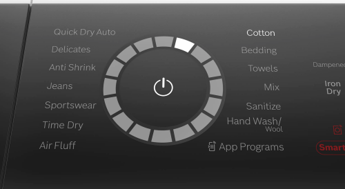 Close-up of heat pump dryer cycle selector dial highlighting Cotton setting from Bosch Dryers and Appliances collection