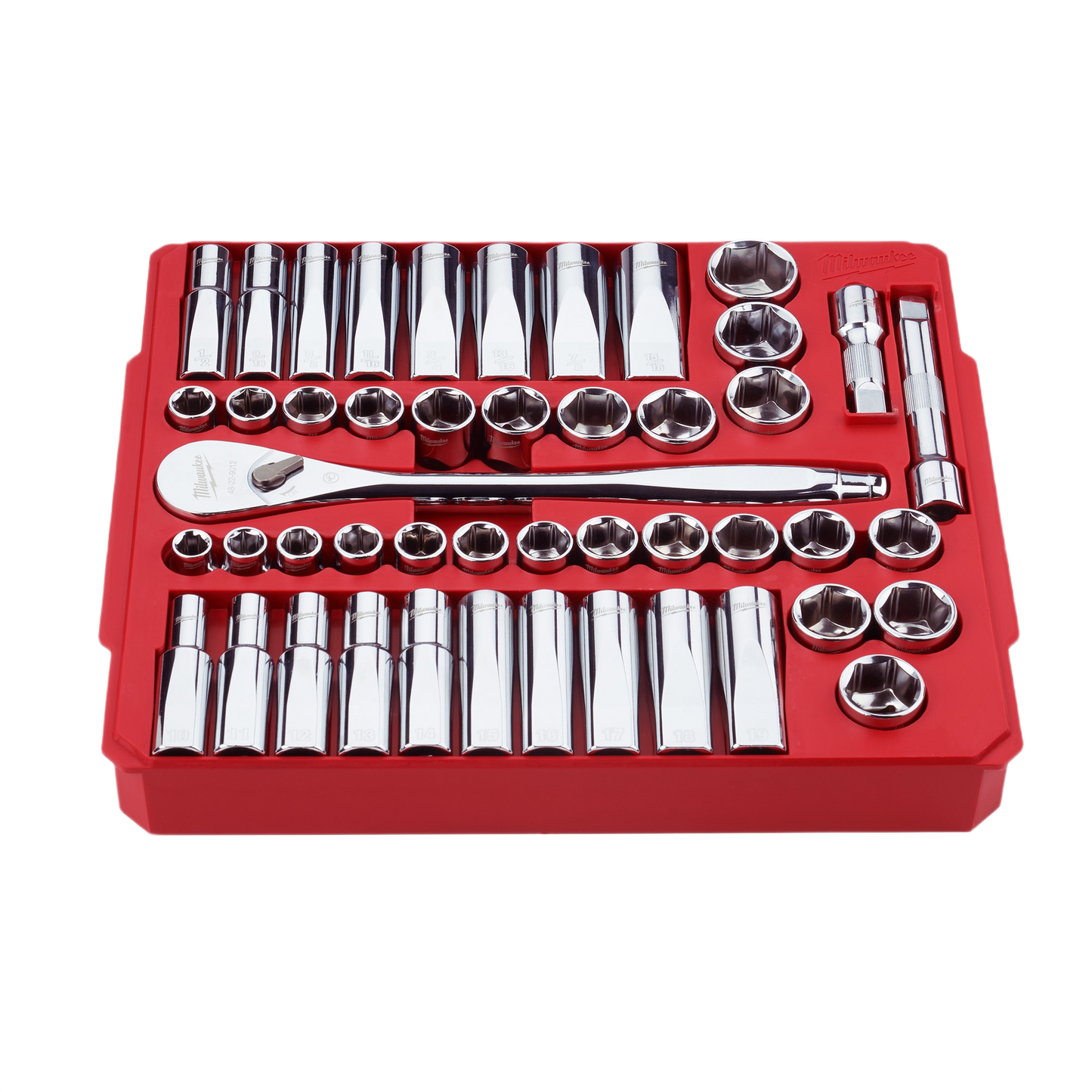 Chrome 1/2" drive ratchet and sockets organized in red tray for hand tools and woodworking tool collections