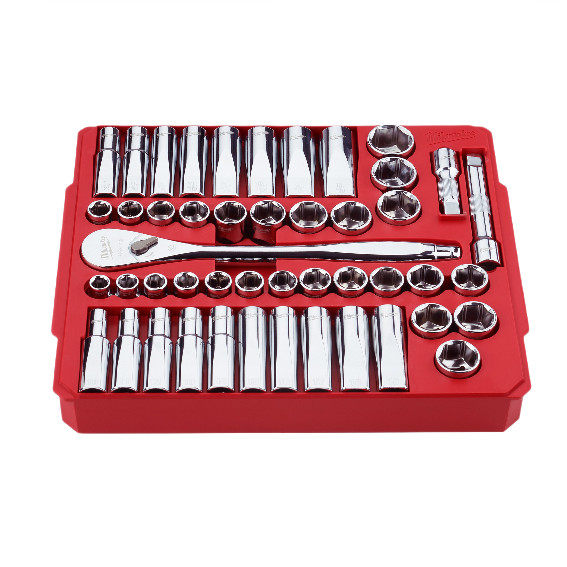 Chrome 1/2" drive ratchet and sockets organized in red tray for hand tools and woodworking tool collections