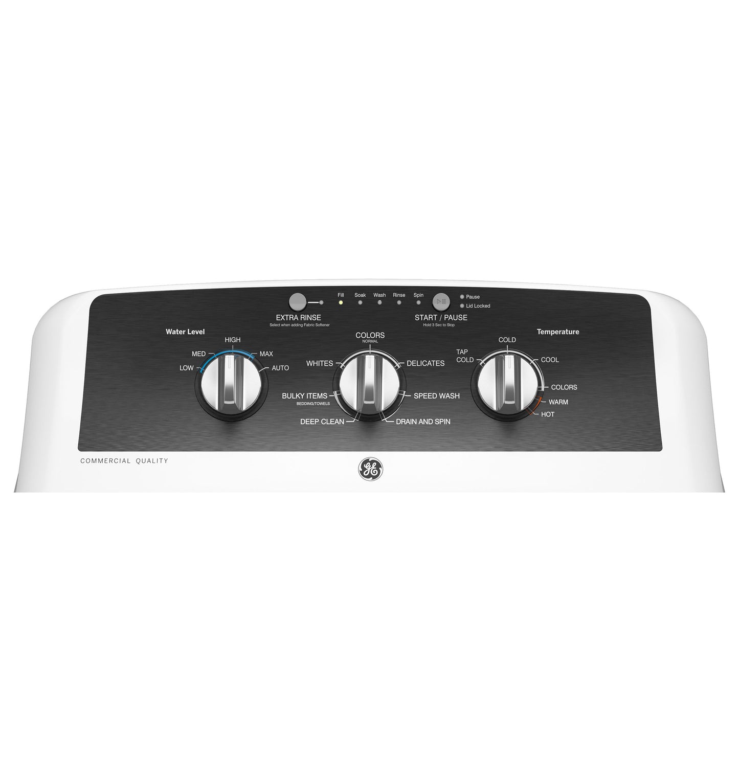 Control panel of a GE washer with three knobs for water level, cycle selection, and temperature settings for home use