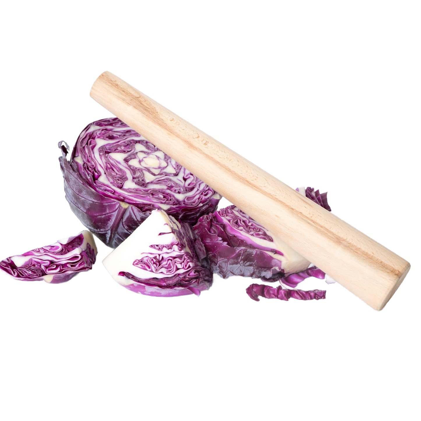 Light wooden dual-sided stomper tool resting on sliced purple cabbage for kitchenware under $50 collections