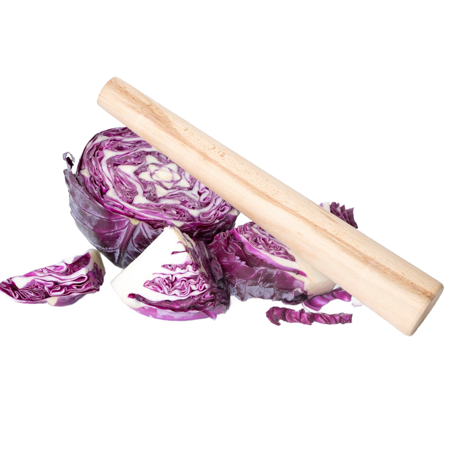 Light wooden dual-sided stomper tool resting on sliced purple cabbage for kitchenware under $50 collections