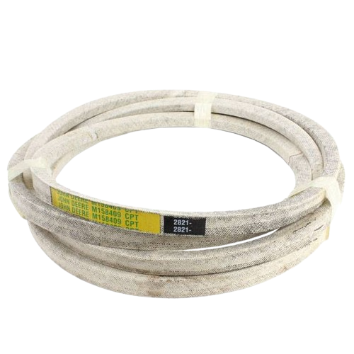 Coiled drive belt for mower deck, labeled with John Deere branding and product identification details