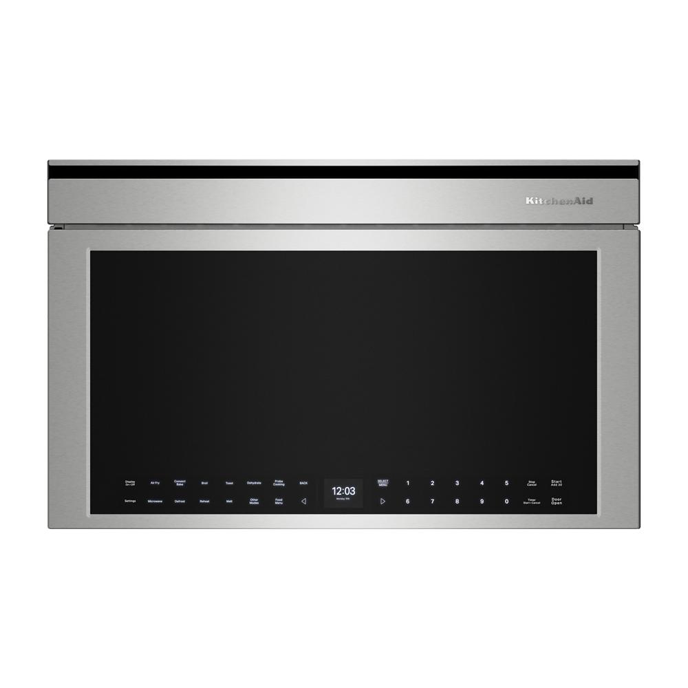 Built-in stainless steel convection microwave oven with digital touch control panel in KitchenAid appliances collection