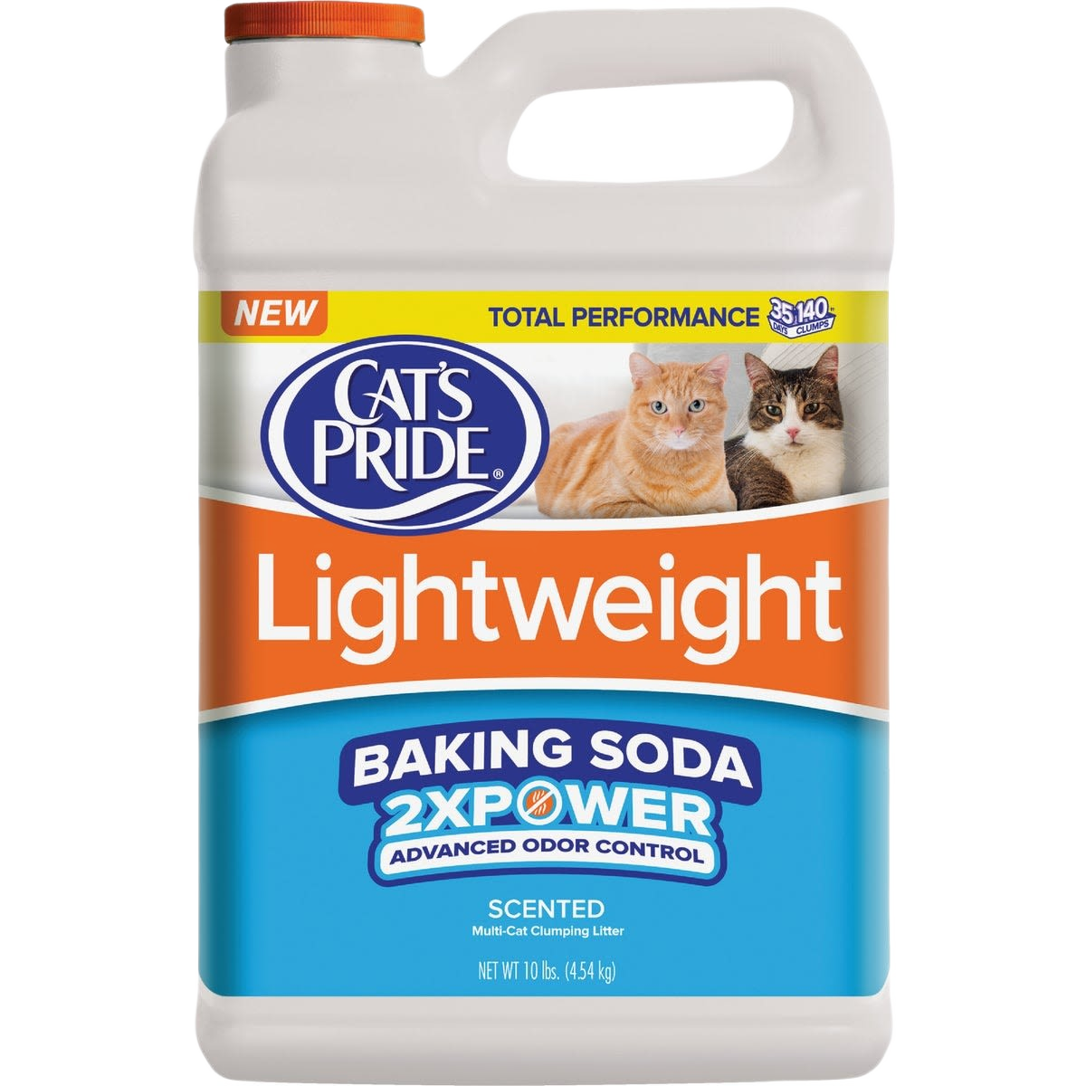 White plastic container of lightweight scented cat litter with baking soda odor control and images of two cats on label