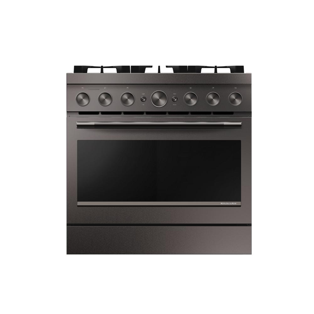 Commercial-style 36-inch KitchenAid gas range with six burners and sleek dark stainless steel finish from Ranges collection