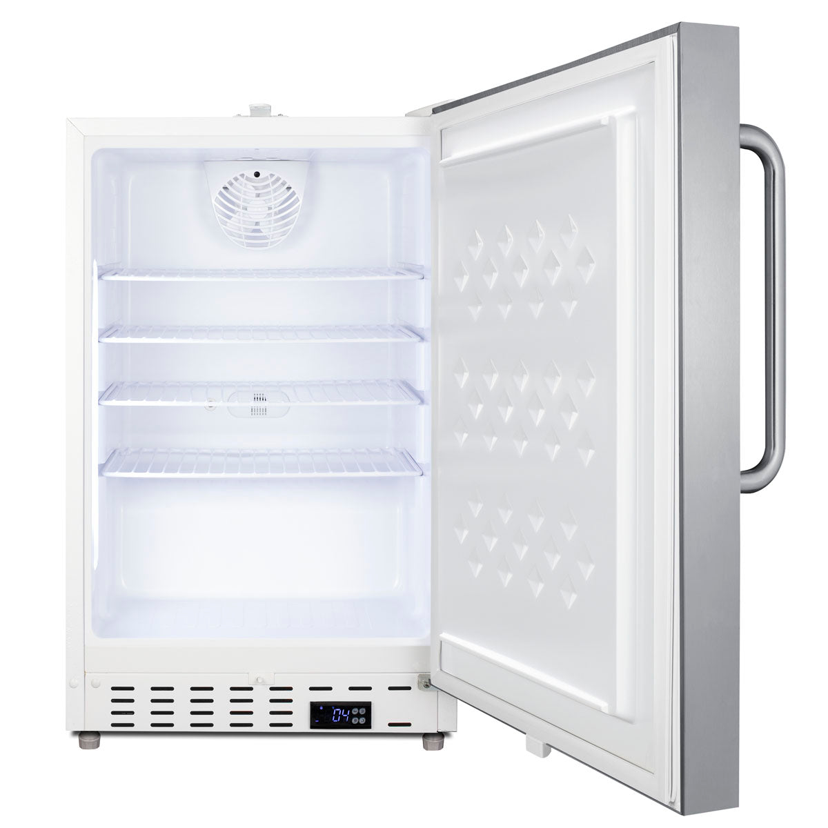 Open compact commercial refrigerator with stainless steel door, digital display, adjustable wire shelves in appliances collection
