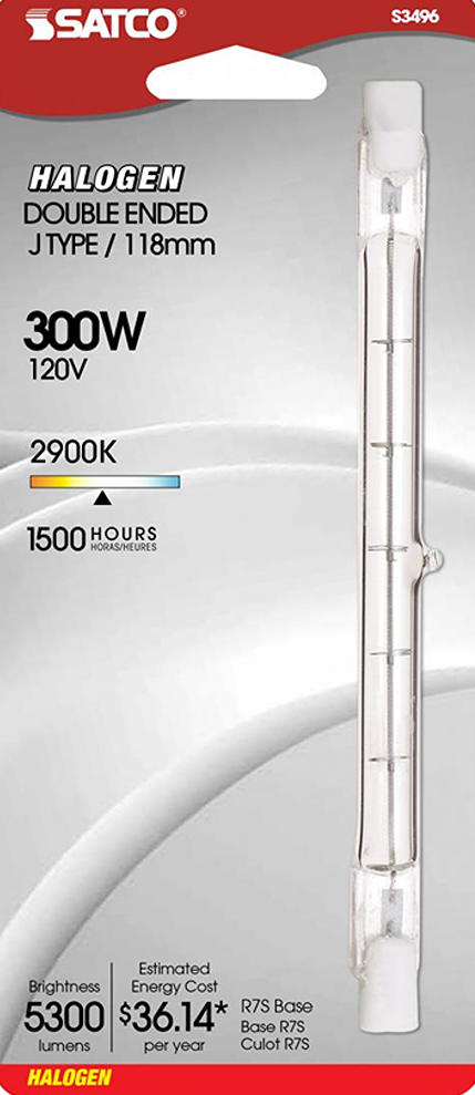 Clear double-ended halogen bulb with 300W power, 118mm length, and 2900K color temperature for lighting and electrical use.