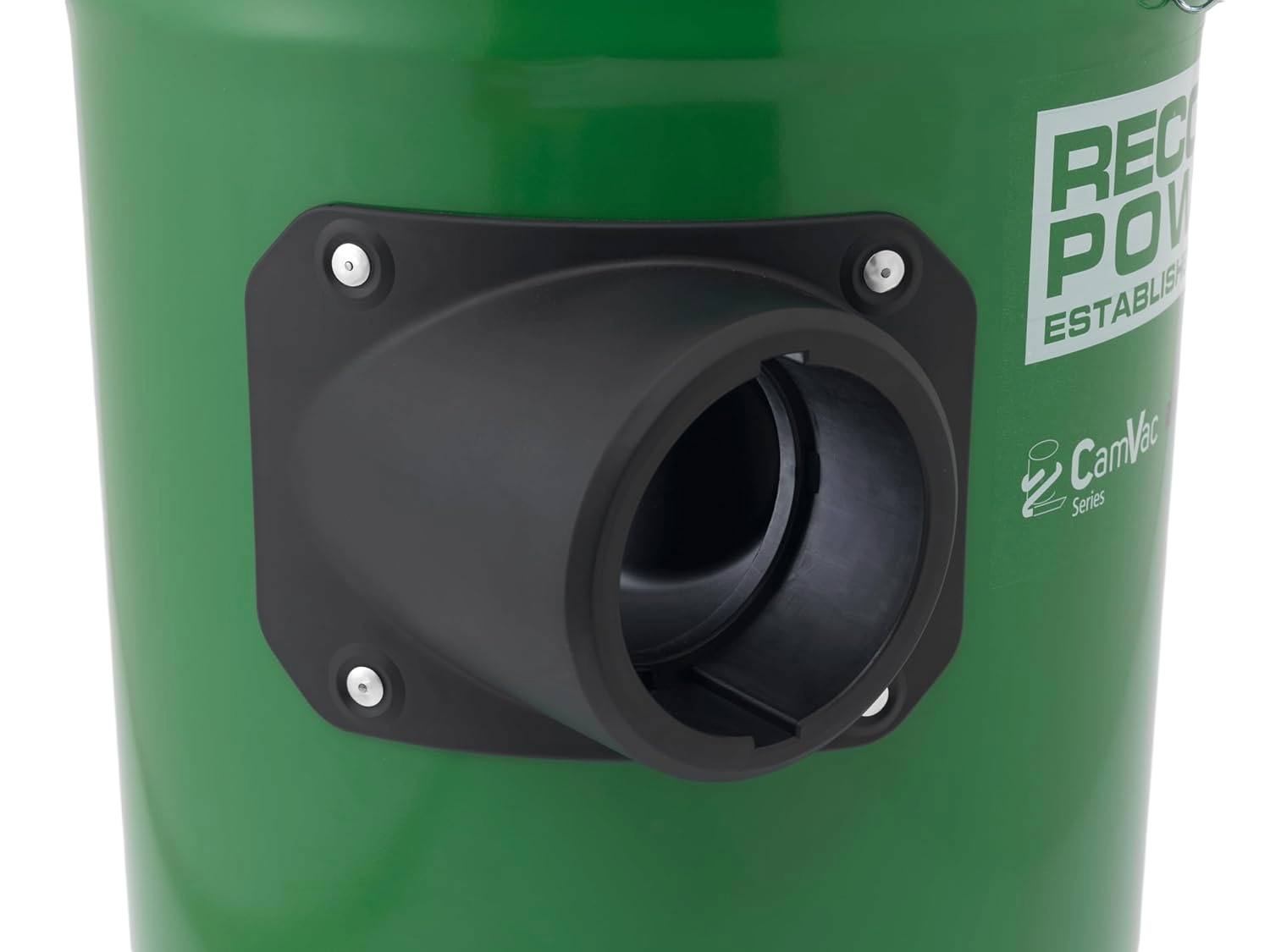 Close-up of an inlet port on a green cyclonic dust extractor designed for woodworking dust collection and air filtration.