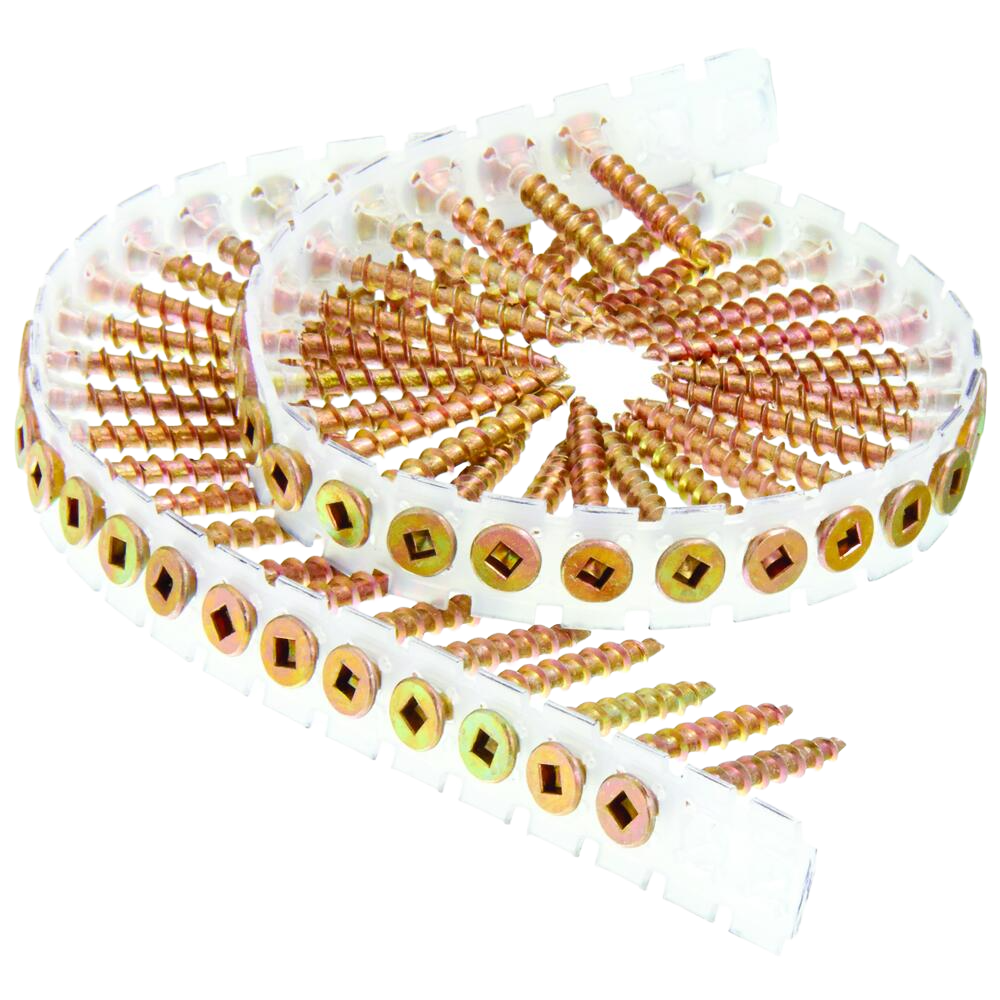 Collated 8-gauge subfloor screws in plastic strips for wood fastening in hardware, screws, and fasteners categories under $50.