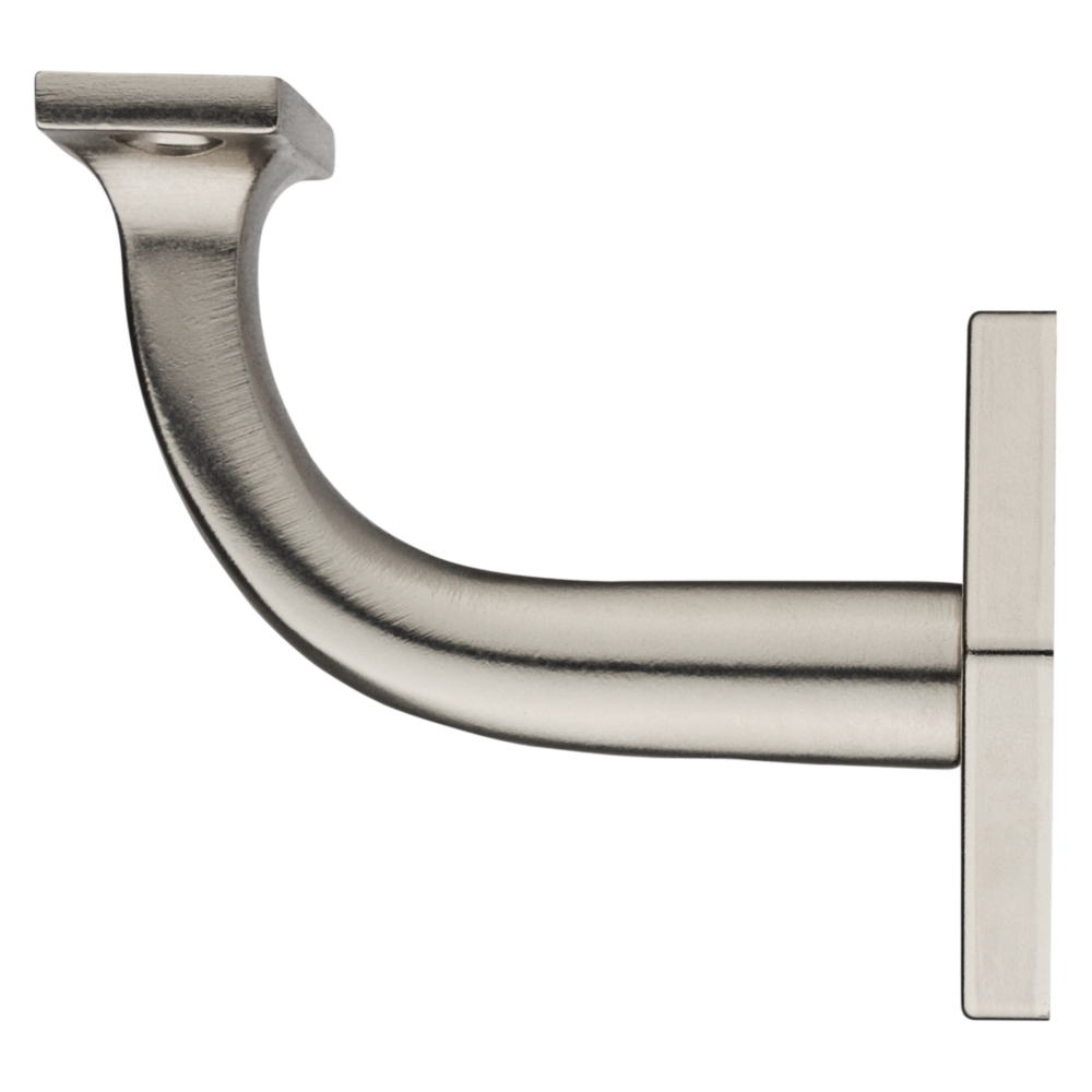 Satin nickel handrail bracket with curved arm and flat mounting plates for sturdy support in home improvement projects