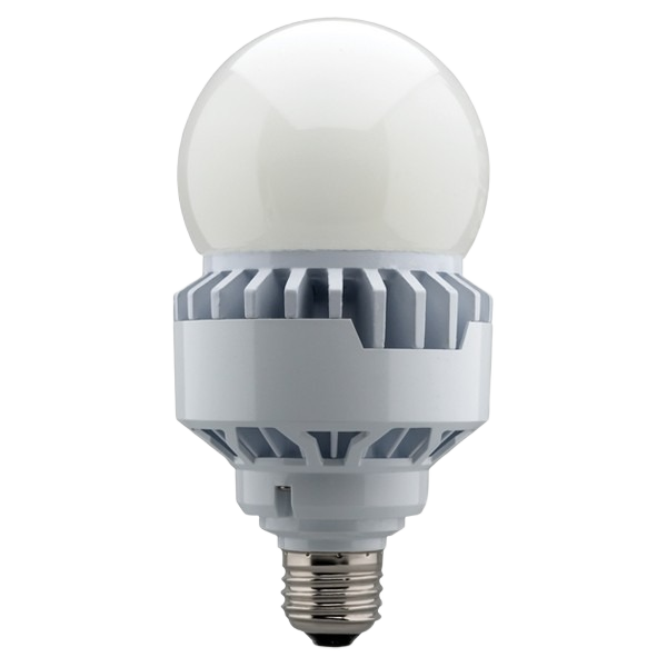 White LED light bulb with medium base and heat sink design for energy-efficient lighting and home improvement tools.