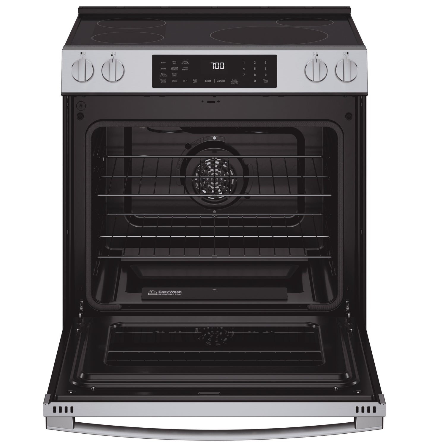 Open front view of stainless steel smart slide-in induction and convection range with EasyWash oven tray in kitchen appliances collection
