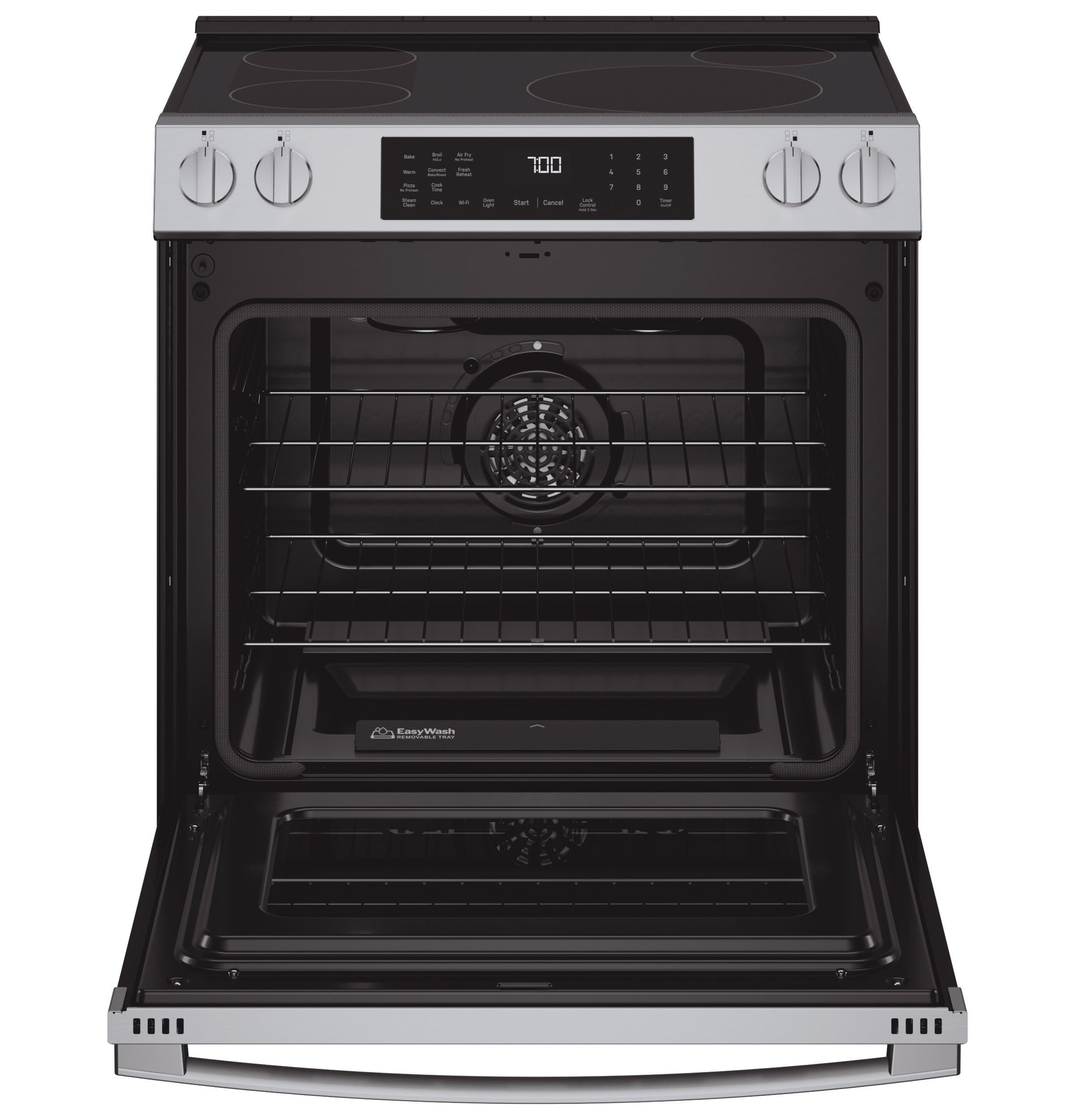 Open front view of stainless steel smart slide-in induction and convection range with EasyWash oven tray in kitchen appliances collection