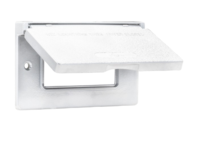 White horizontal weatherproof outlet cover with durable die cast metal and powder coat finish for electrical projects under $50