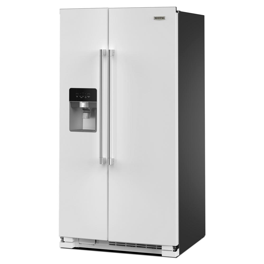 White side-by-side refrigerator with water and ice dispenser and metal handles in appliances collection