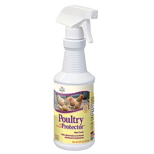 White spray bottle of poultry protector with label showing chickens and product usage instructions for home care