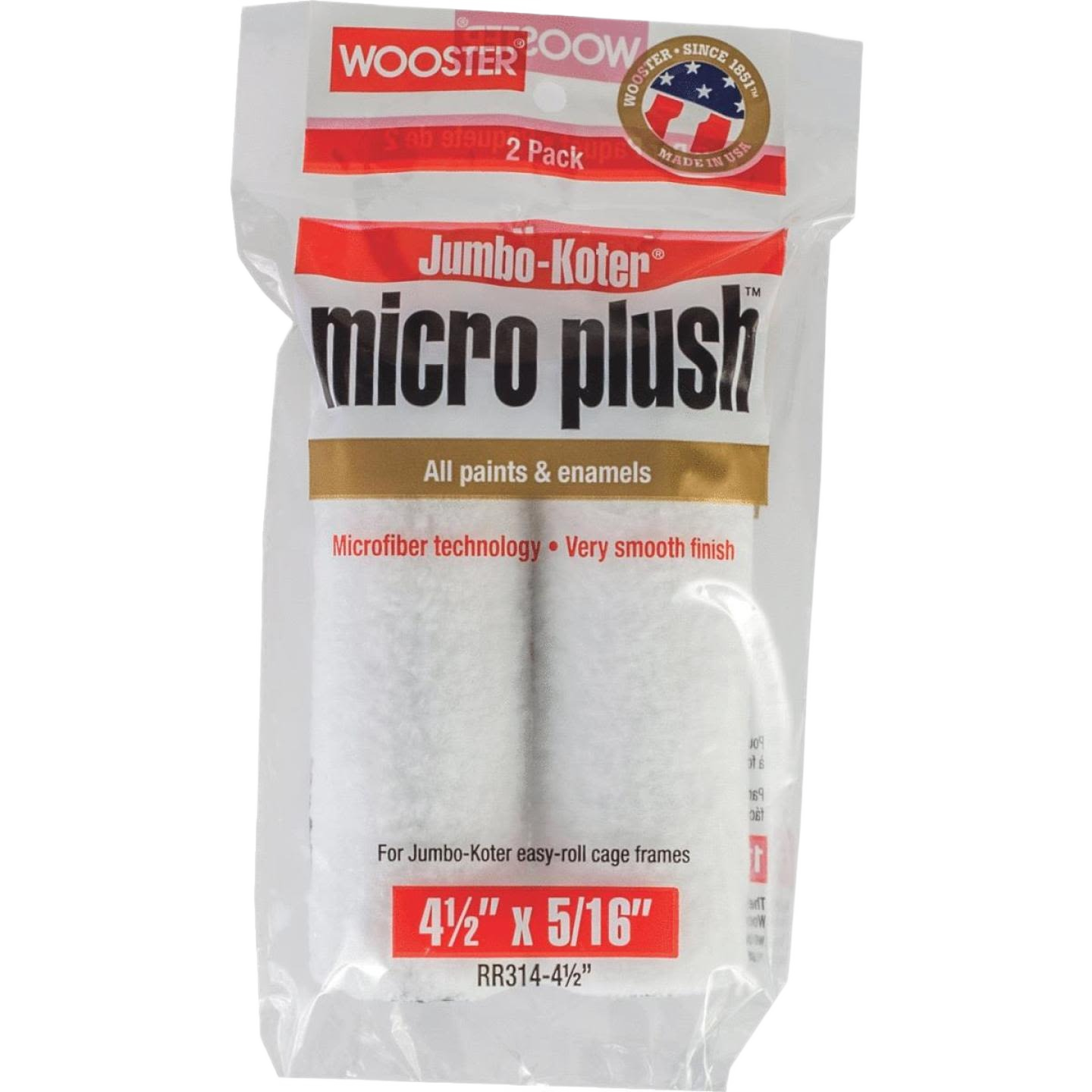 Two white microfiber paint roller covers designed for smooth finish, suitable for paints and enamels in home improvement