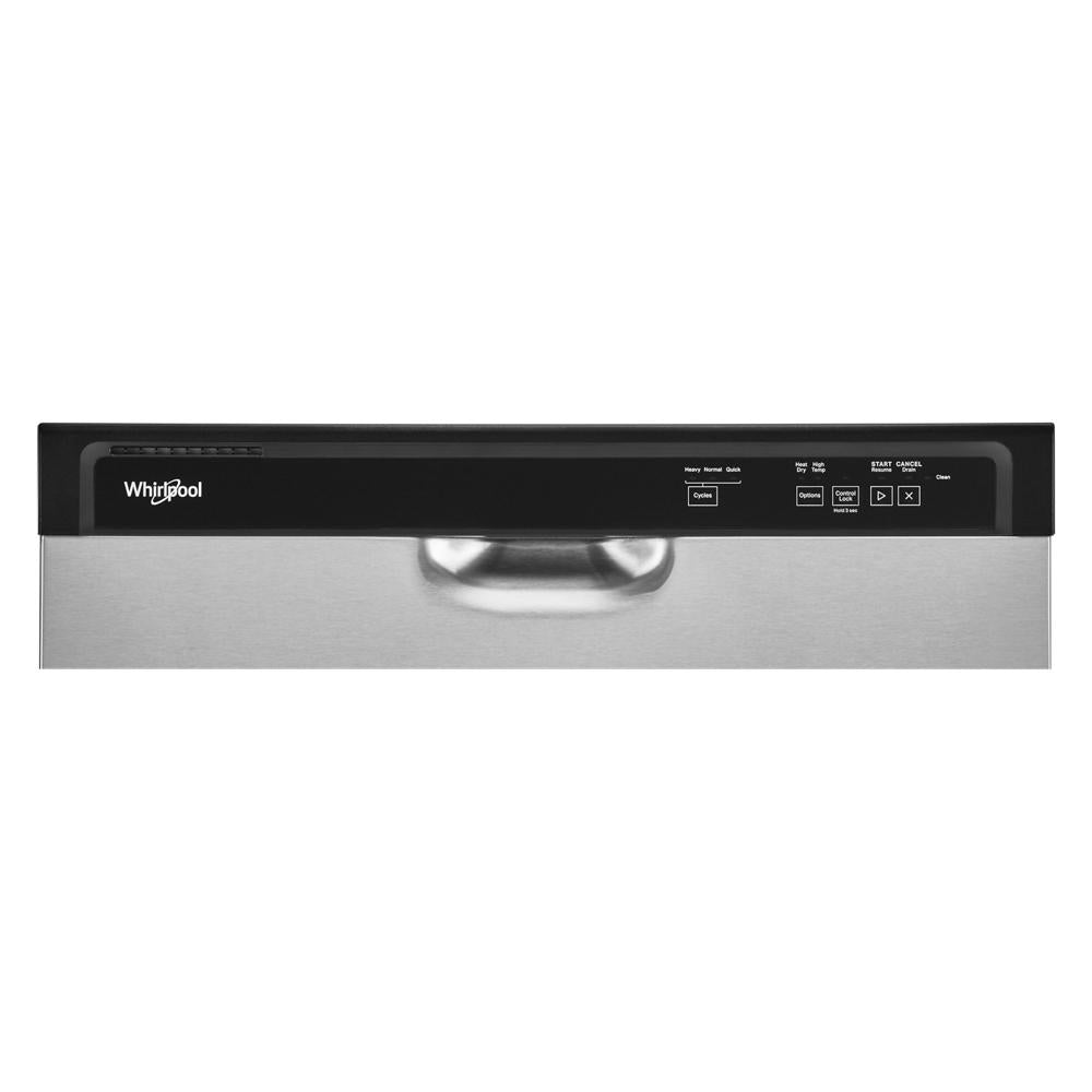 Control panel of stainless steel ENERGY STAR® certified quiet dishwasher with touch buttons and digital display
