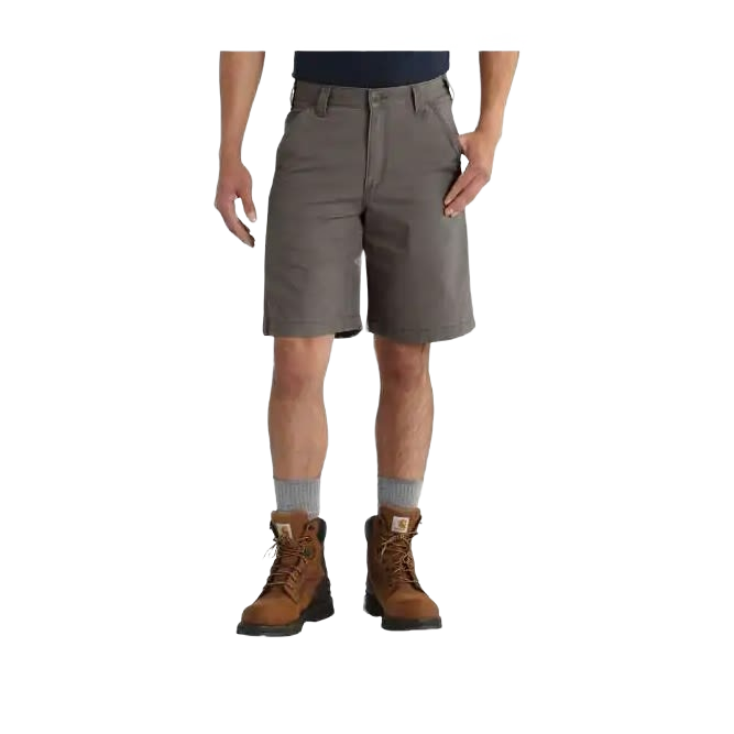 Men's relaxed fit 10-inch gray work shorts made of durable cotton-spandex canvas with stretch technology for comfort