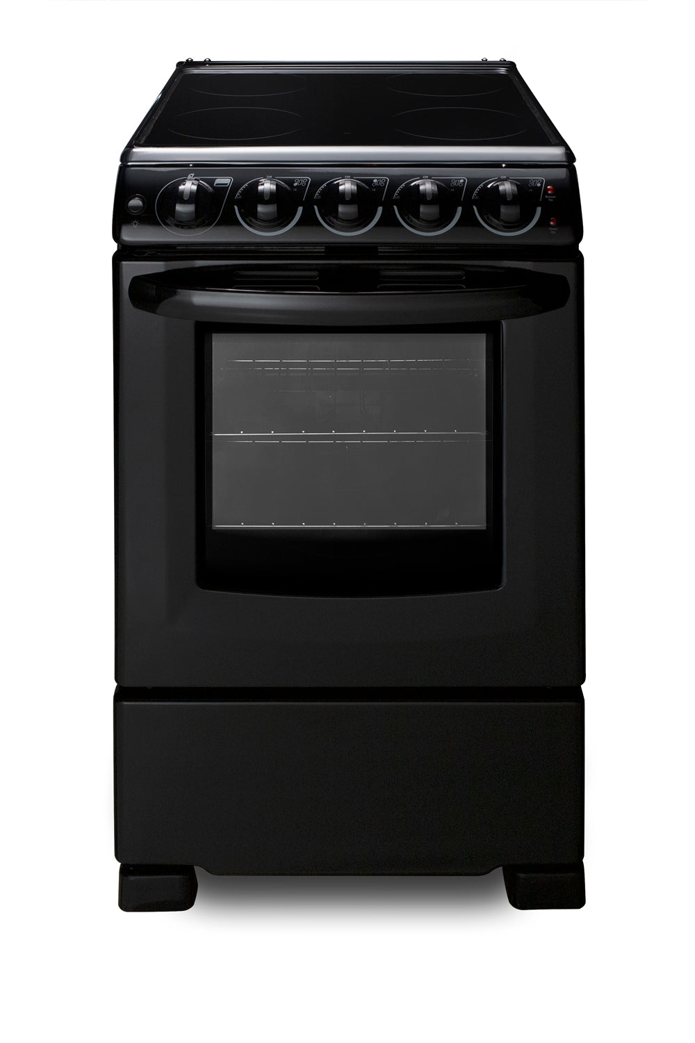 Jet black electric range with smooth cooktop, oven window, and control knobs for kitchen and home appliances collections
