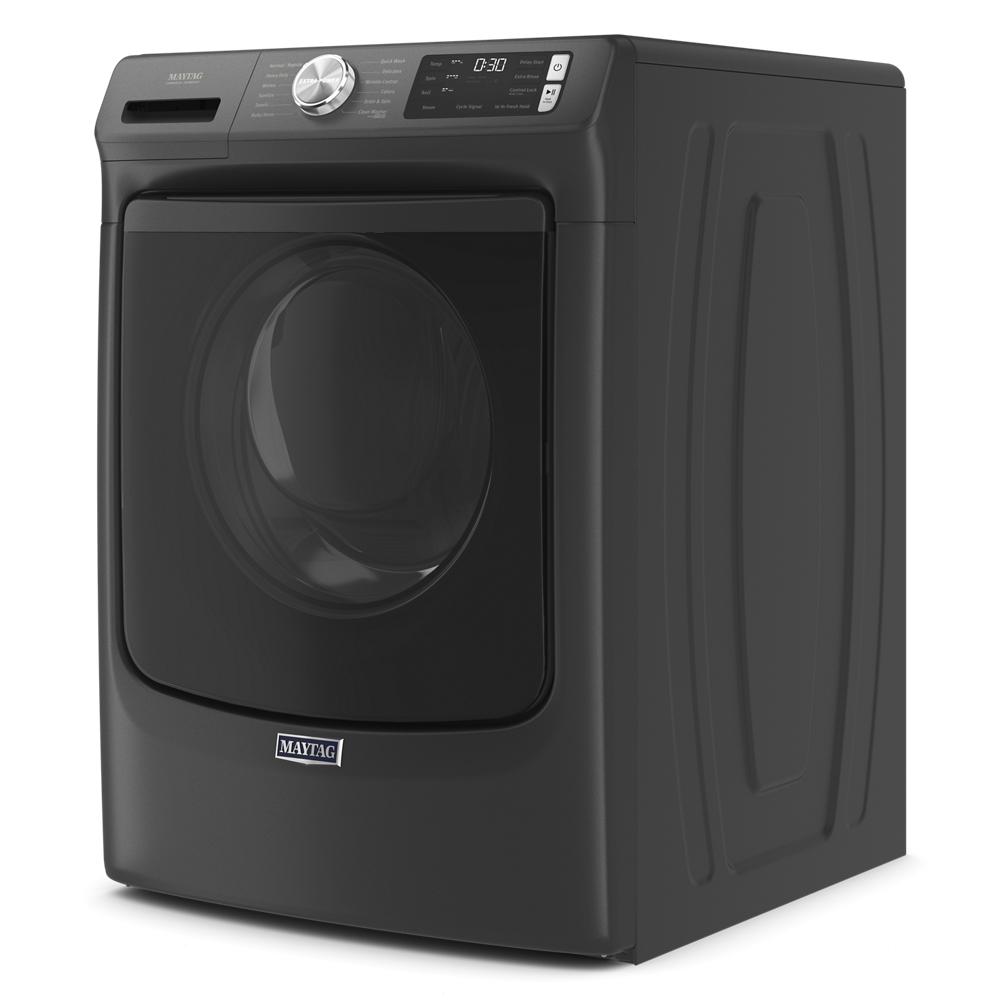Dark gray front load washer with digital controls and large circular door for modern home appliances.