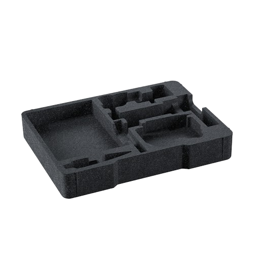 Black molded accessory storage tray with multiple compartments designed for organizing tools and home improvement items