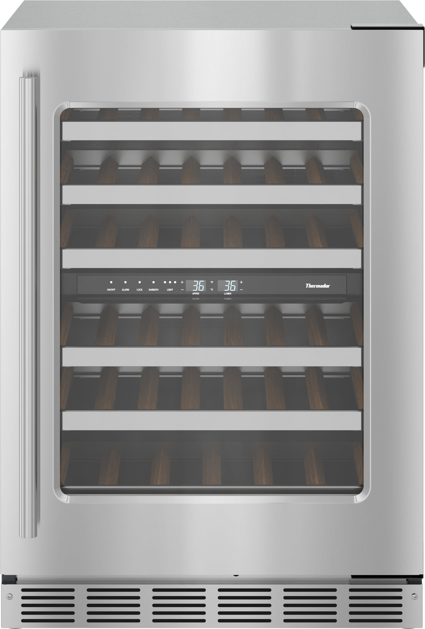 Under counter stainless steel wine cooler with glass door, digital controls, and wooden shelves from Thermador appliances collection