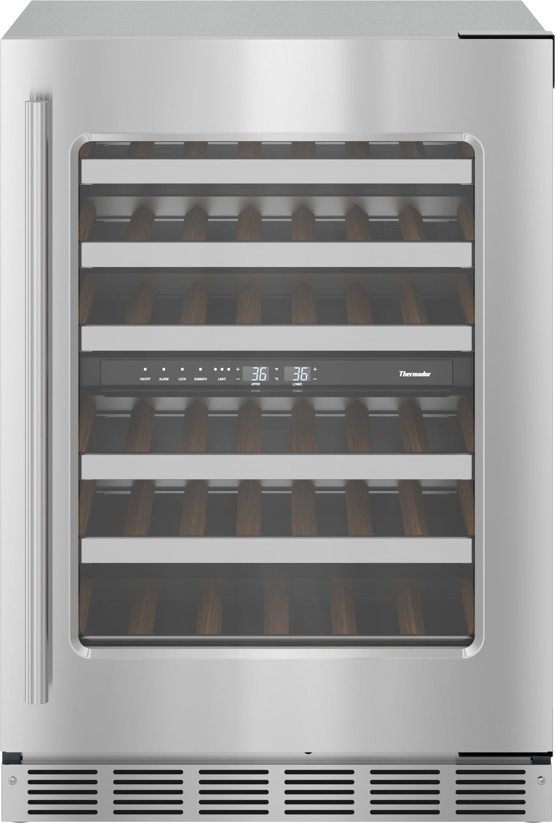 Under counter stainless steel wine cooler with glass door, digital controls, and wooden shelves from Thermador appliances collection