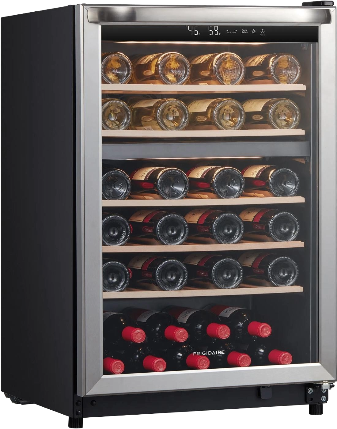 Black and stainless steel beverage center with tinted glass door, natural wood shelving, digital display, holding multiple bottles, ideal for Refrigerators, Kitchen & Kitchenware, Beverage Centers, All Products, and Appliances collections.