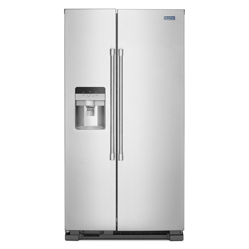 Stainless steel side-by-side refrigerator with exterior water and ice dispenser in kitchen appliances collection